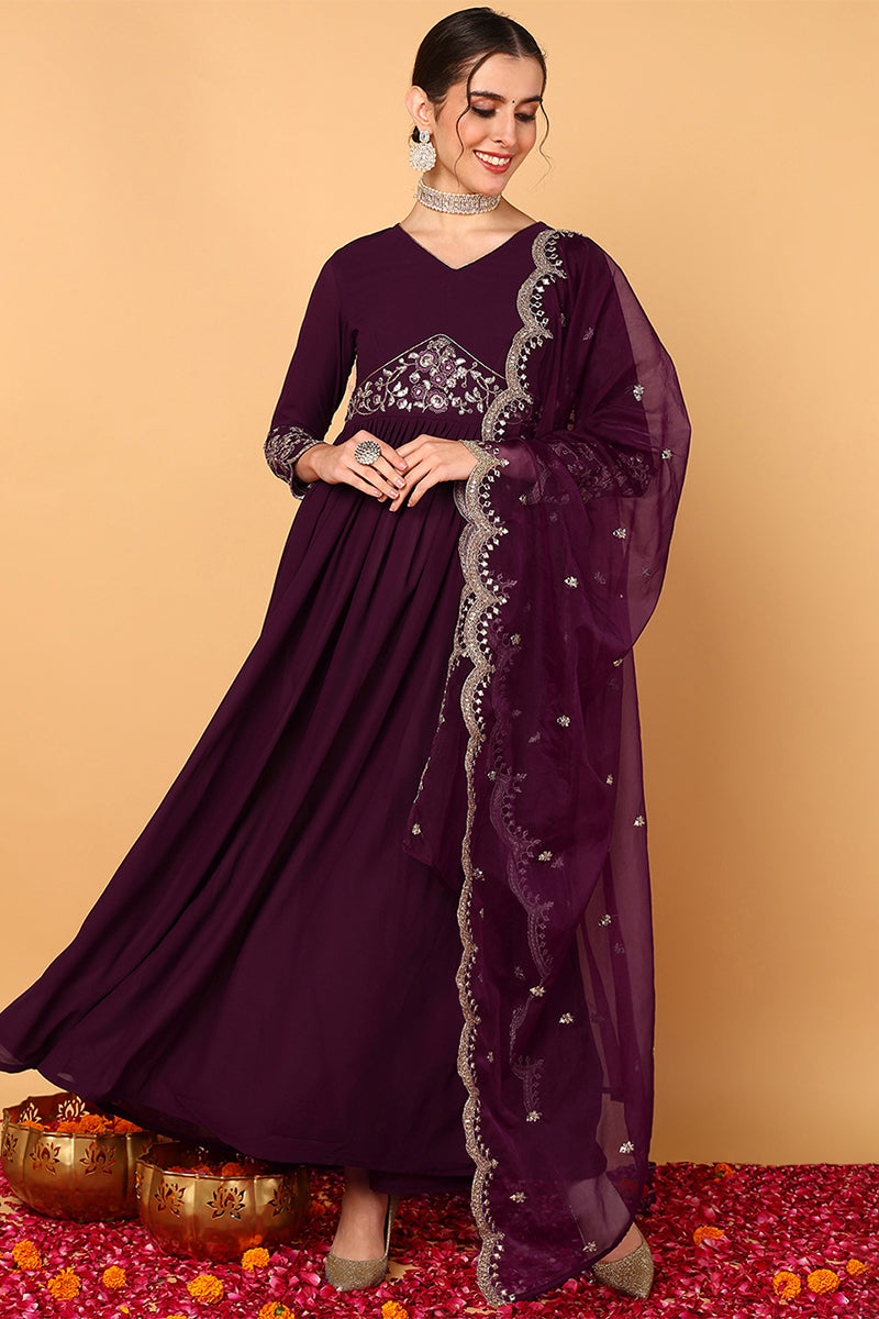 Purple Georgette Embroidered Zari Work Flared Kurta Set | SHOBITAM