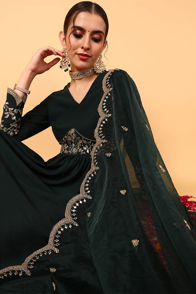 Green Georgette Embroidered Zari Work Flared Kurta Set | SHOBITAM