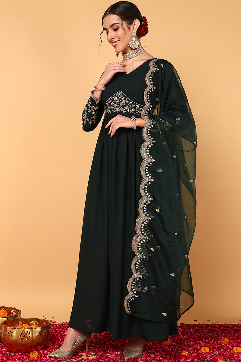 Green Georgette Embroidered Zari Work Flared Kurta Set | SHOBITAM