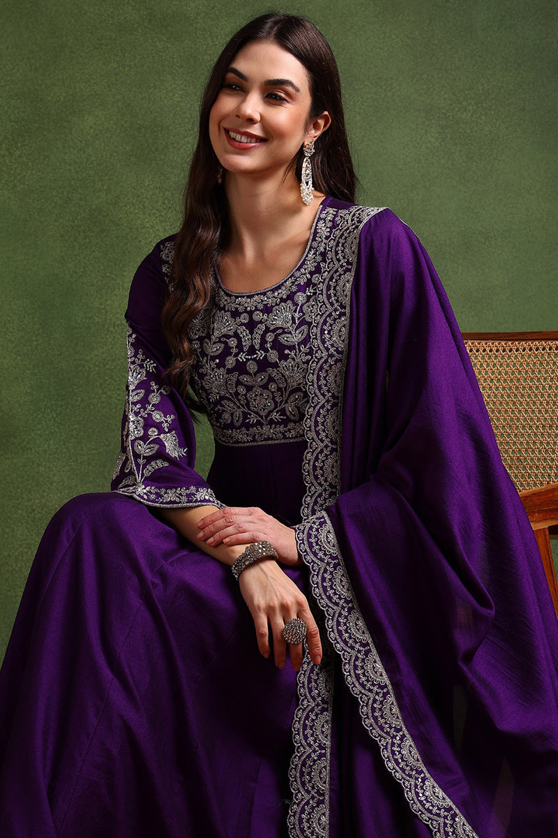 Violet Silk Blend Solid Embroidered Anarkali Gown With Dupatta | SHOBITAM