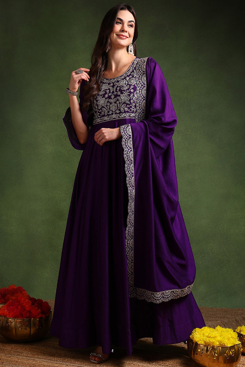 Violet Silk Blend Solid Embroidered Anarkali Gown With Dupatta | SHOBITAM