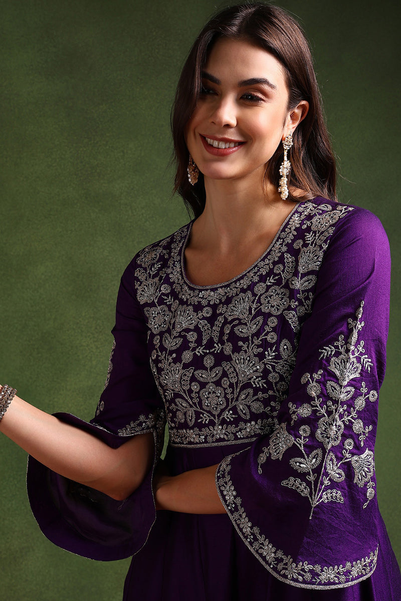 Violet Silk Blend Solid Embroidered Anarkali Gown With Dupatta | SHOBITAM