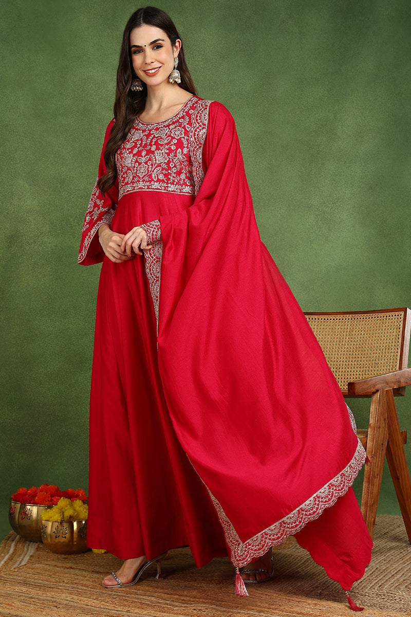 Pink Silk Blend Solid Embroidered Anarkali Kurta Set | SHOBITAM