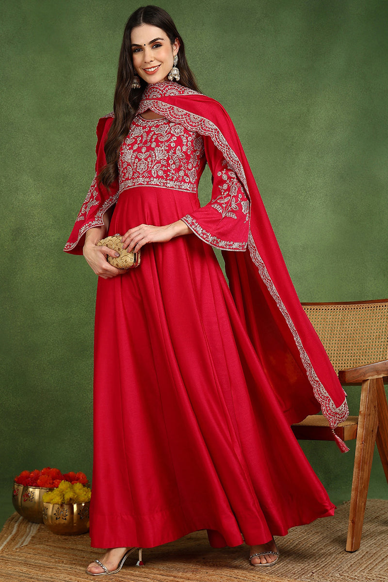 Pink Silk Blend Solid Embroidered Anarkali Kurta Set | SHOBITAM