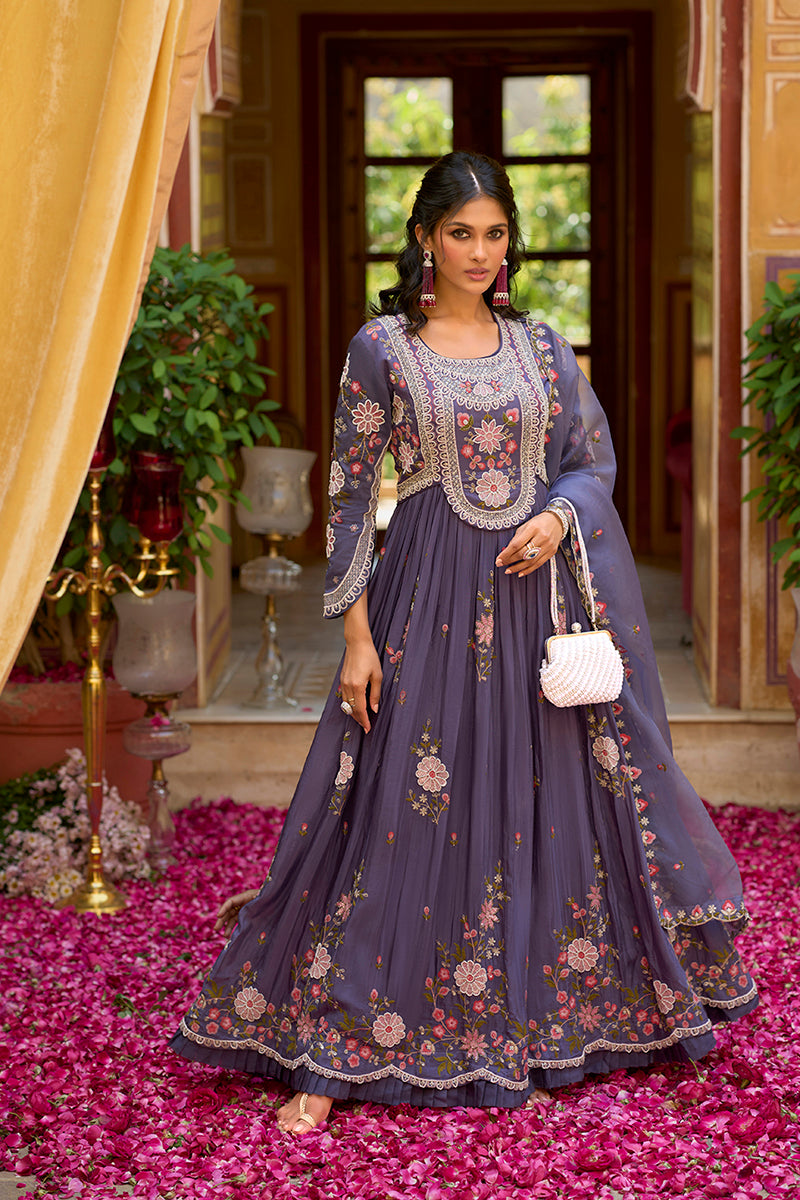 Purple Silk Blend Solid Embroidered Anarkali Gown with Dupatta | SHOBITAM