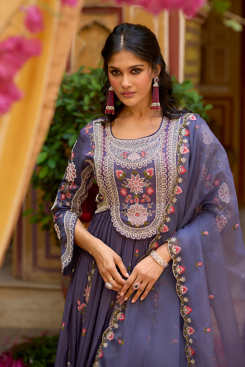 Purple Silk Blend Solid Embroidered Anarkali Gown with Dupatta | SHOBITAM