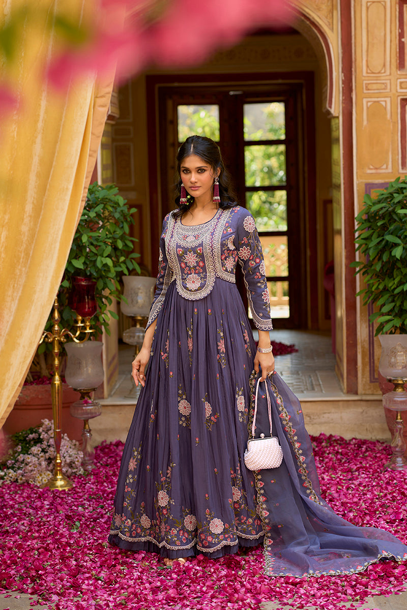 Purple Silk Blend Solid Embroidered Anarkali Gown with Dupatta | SHOBITAM