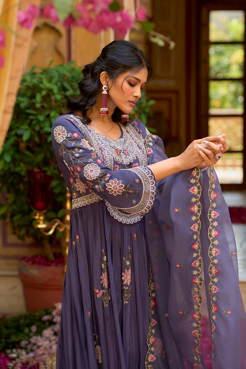 Purple Silk Blend Solid Embroidered Anarkali Gown with Dupatta | SHOBITAM