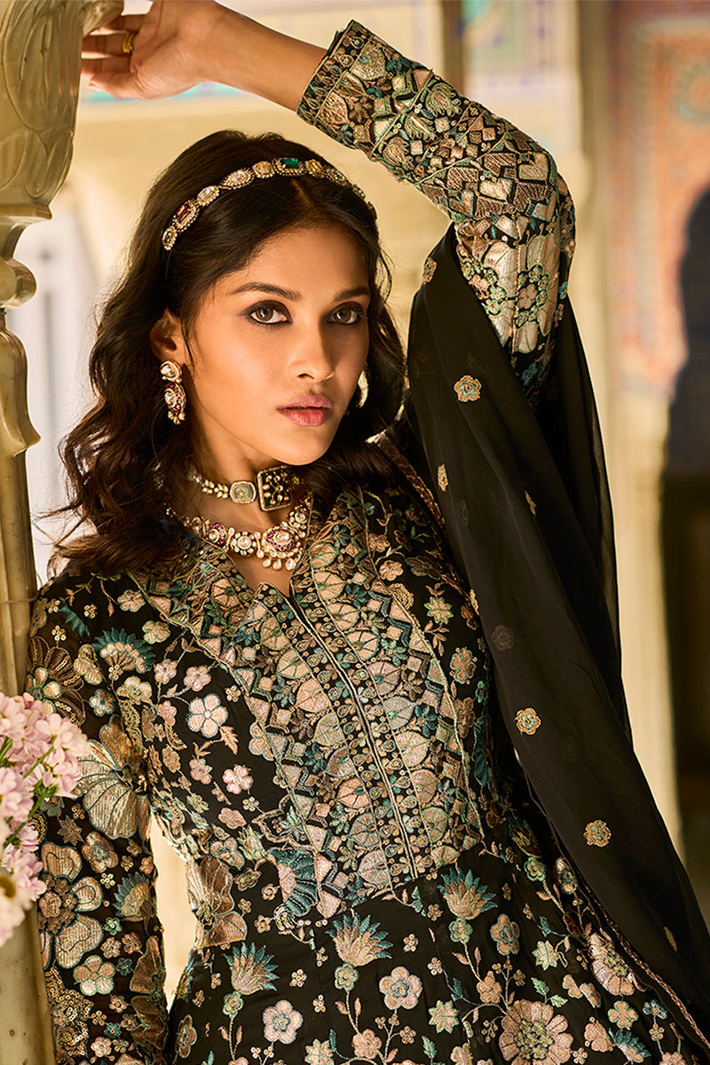 Black Georgette Solid Embroidered Anarkali Gown with Dupatta | SHOBITAM