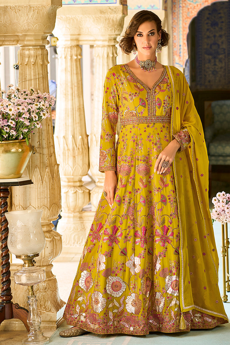 Mustard Georgette Solid Embroidered Anarkali Gown with Dupatta | SHOBITAM