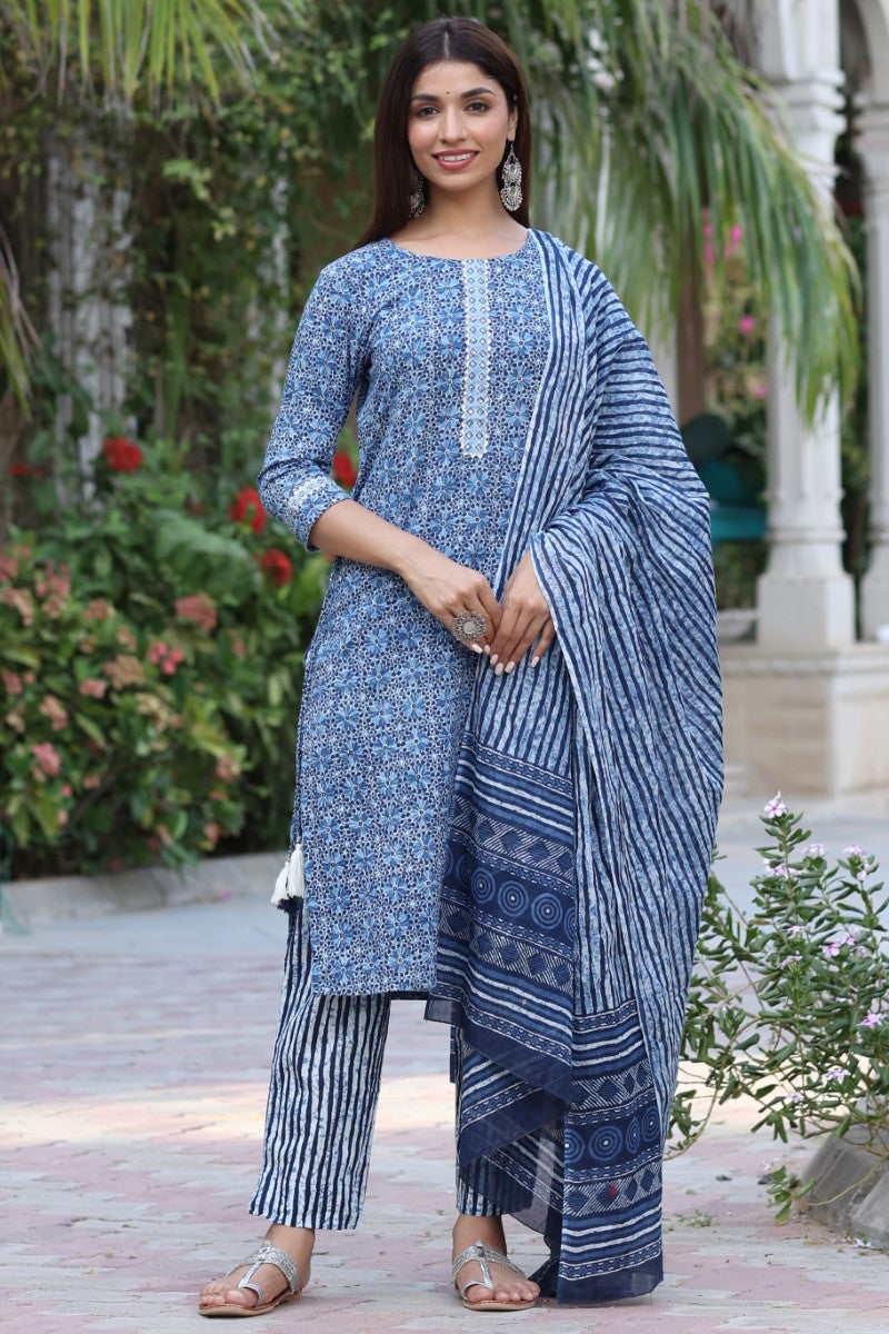 Women Blue & White Cotton Fabric Printed Fancy Kurta And Palazzo | SHOBITAM