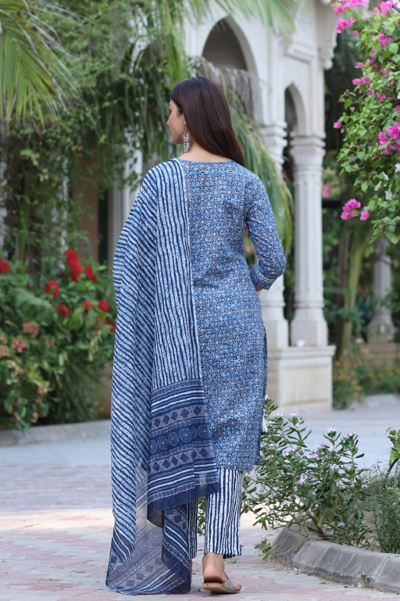 Women Blue & White Cotton Fabric Printed Fancy Kurta And Palazzo | SHOBITAM