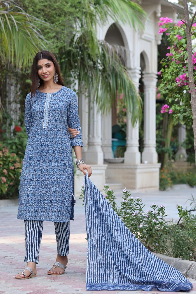 Women Blue & White Cotton Fabric Printed Fancy Kurta And Palazzo | SHOBITAM