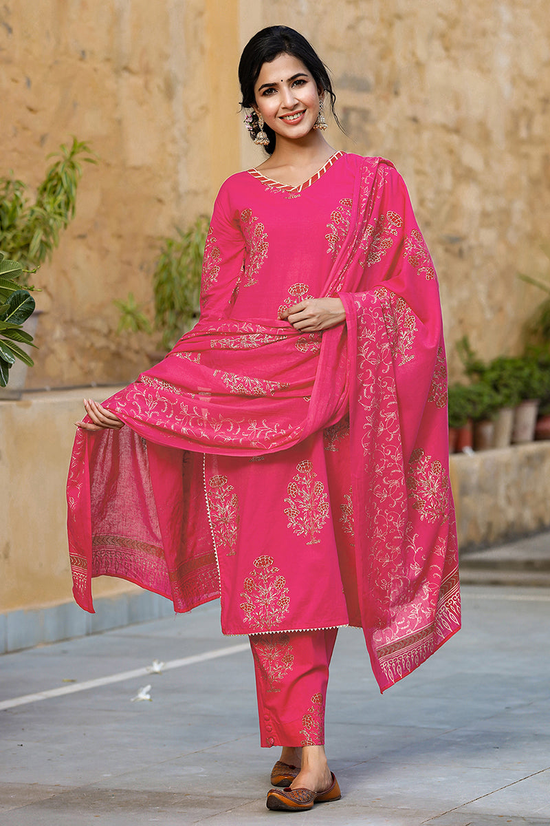 Pink Cotton Straight Suit Set | SHOBITAM