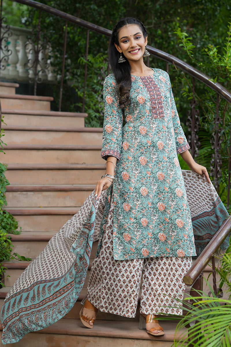 Green Cotton Straight Suit Set | SHOBITAM