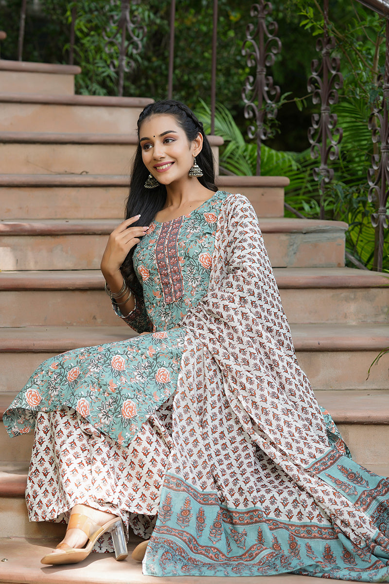 Green Cotton Straight Suit Set | SHOBITAM