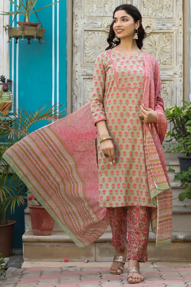 Green Cotton Floral Printed Straight Kurta Pant Dupatta Set | SHOBITAM