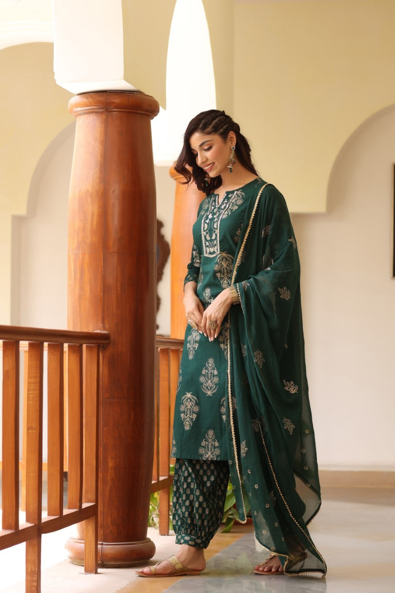 Green Gold Ethnic Print sequence Detail Cotton Kurta with Trousers Dupatta | SHOBITAM