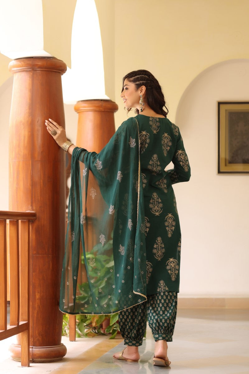 Green Gold Ethnic Print sequence Detail Cotton Kurta with Trousers Dupatta | SHOBITAM