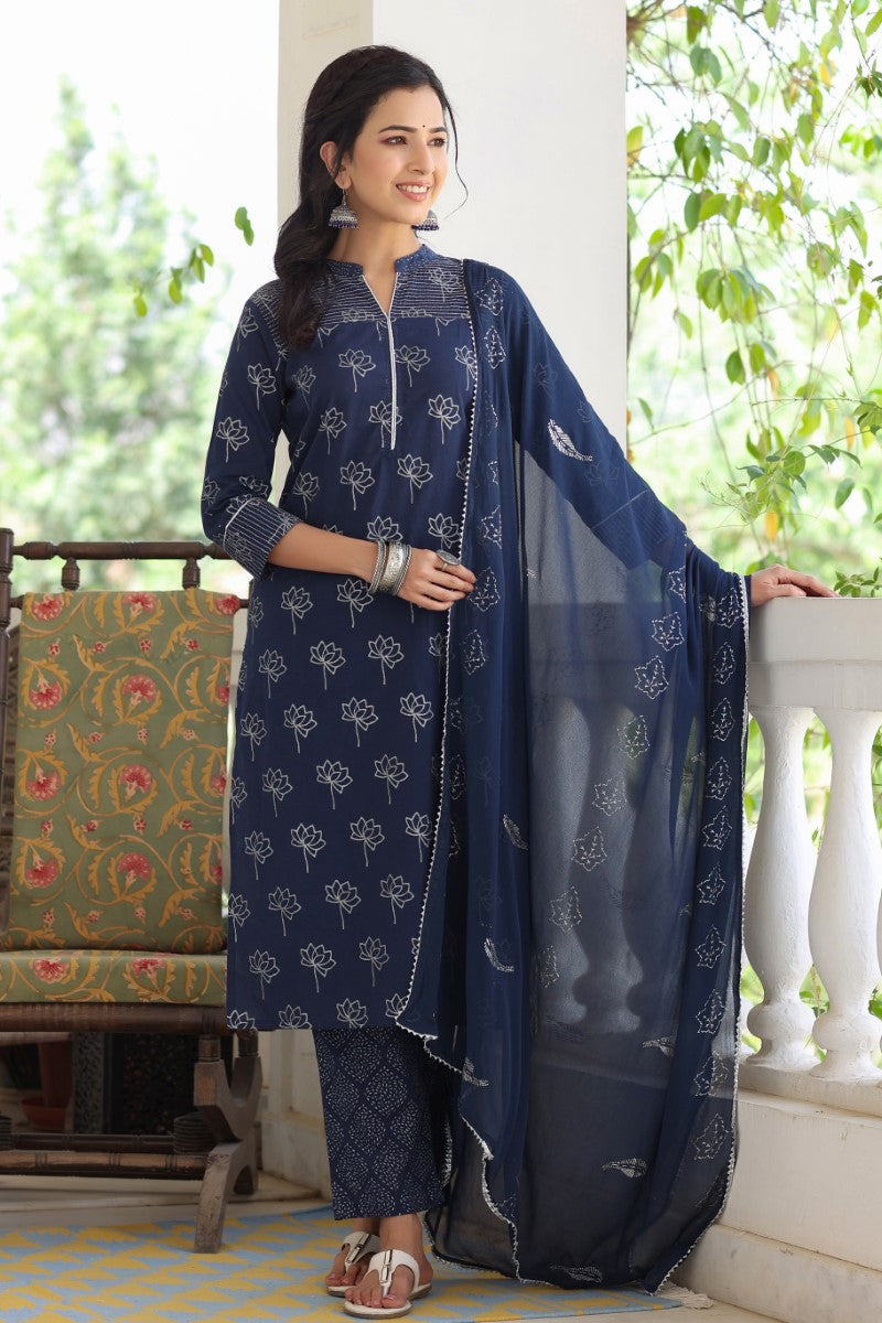 Navy Blue Floral Printed Pure Cotton Suit Set | SHOBITAM