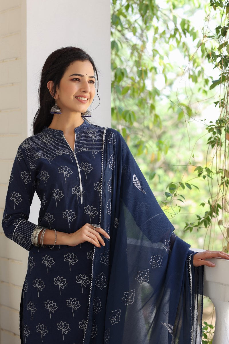 Navy Blue Floral Printed Pure Cotton Suit Set | SHOBITAM