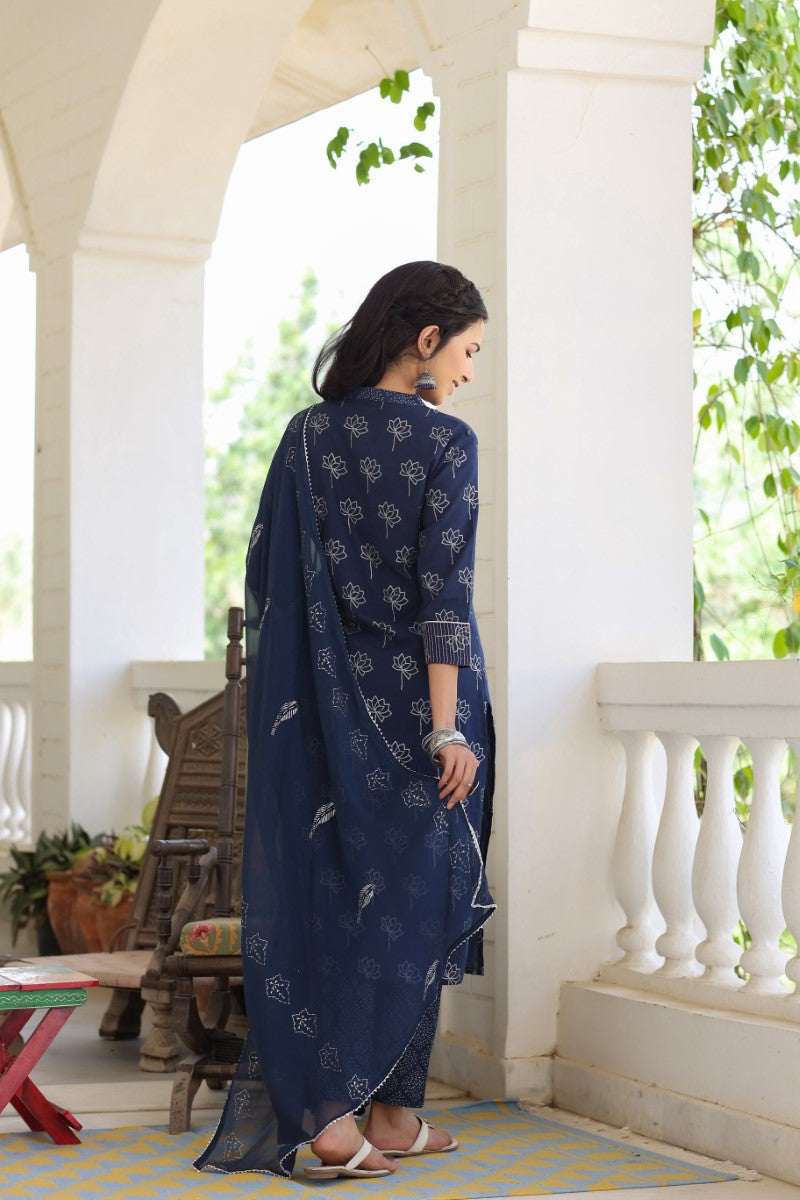 Navy Blue Floral Printed Pure Cotton Suit Set | SHOBITAM