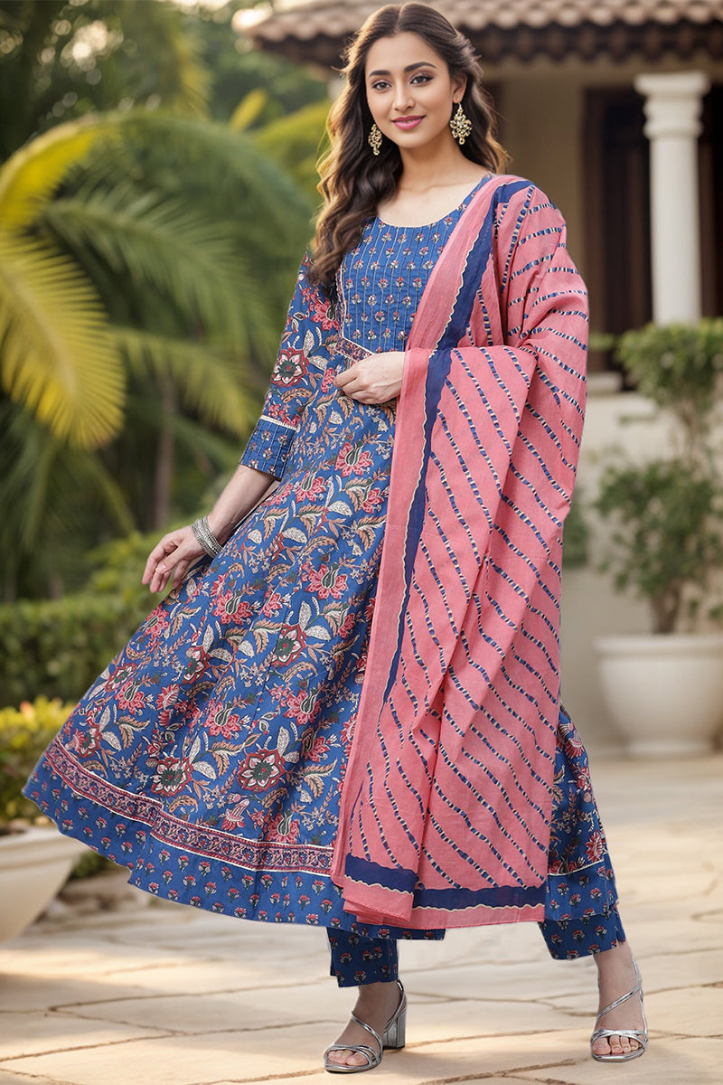 Blue Rayon Blend Anarkali Suit Set | SHOBITAM