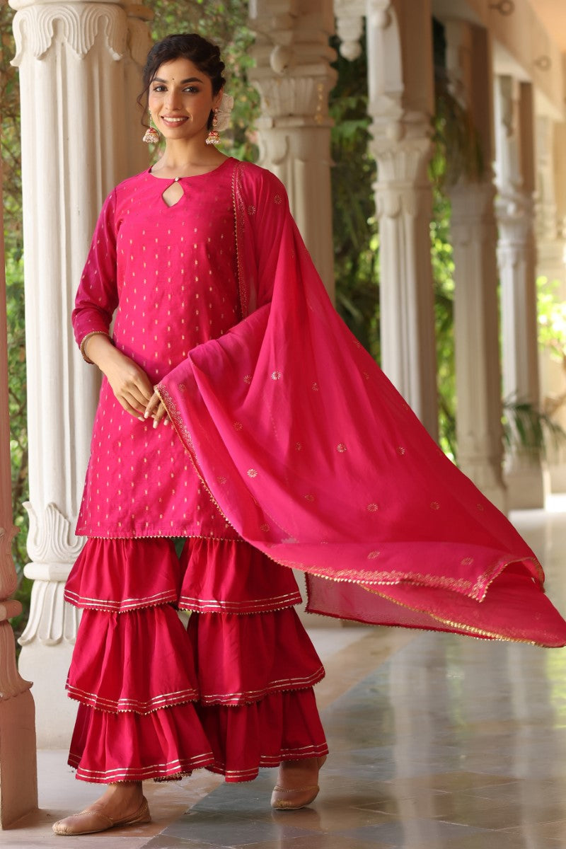 Pink Poly Silk Straight Sharara Suit Set | SHOBITAM