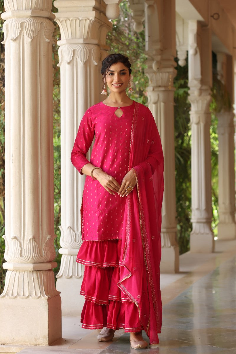 Pink Poly Silk Straight Sharara Suit Set | SHOBITAM