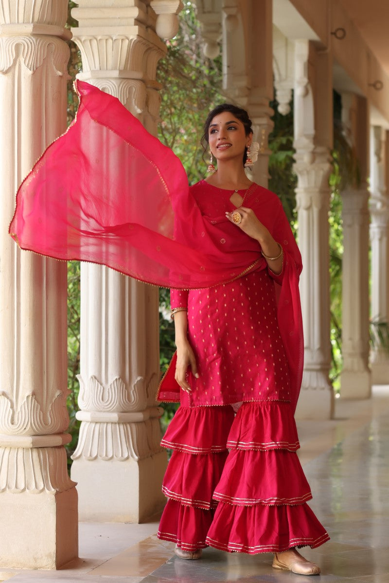 Pink Poly Silk Straight Sharara Suit Set | SHOBITAM