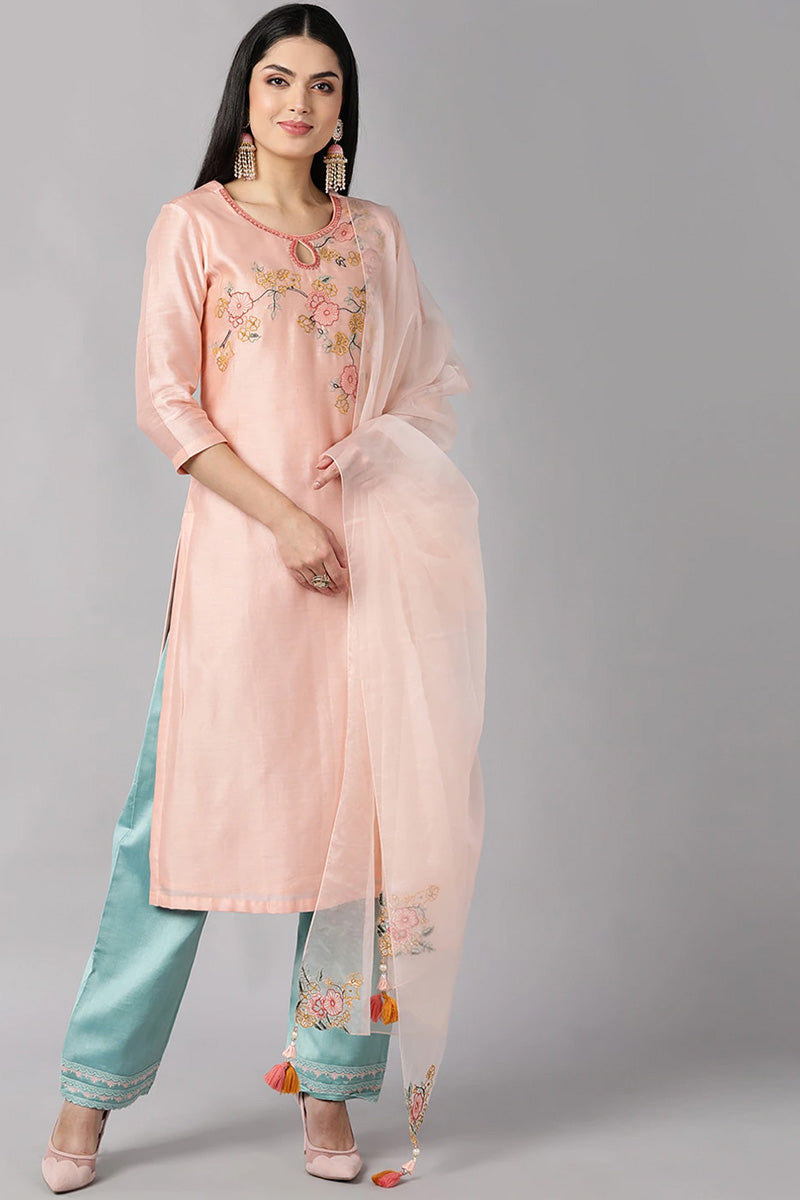 Peach Poly Silk Straight Kurta Pant With Dupatta | SHOBITAM