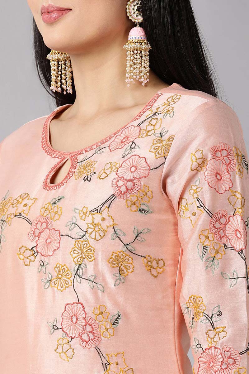 Peach Poly Silk Straight Kurta Pant With Dupatta | SHOBITAM