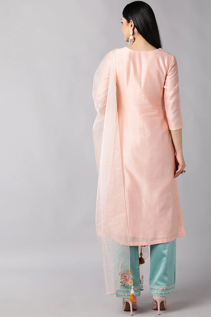 Peach Poly Silk Straight Kurta Pant With Dupatta | SHOBITAM