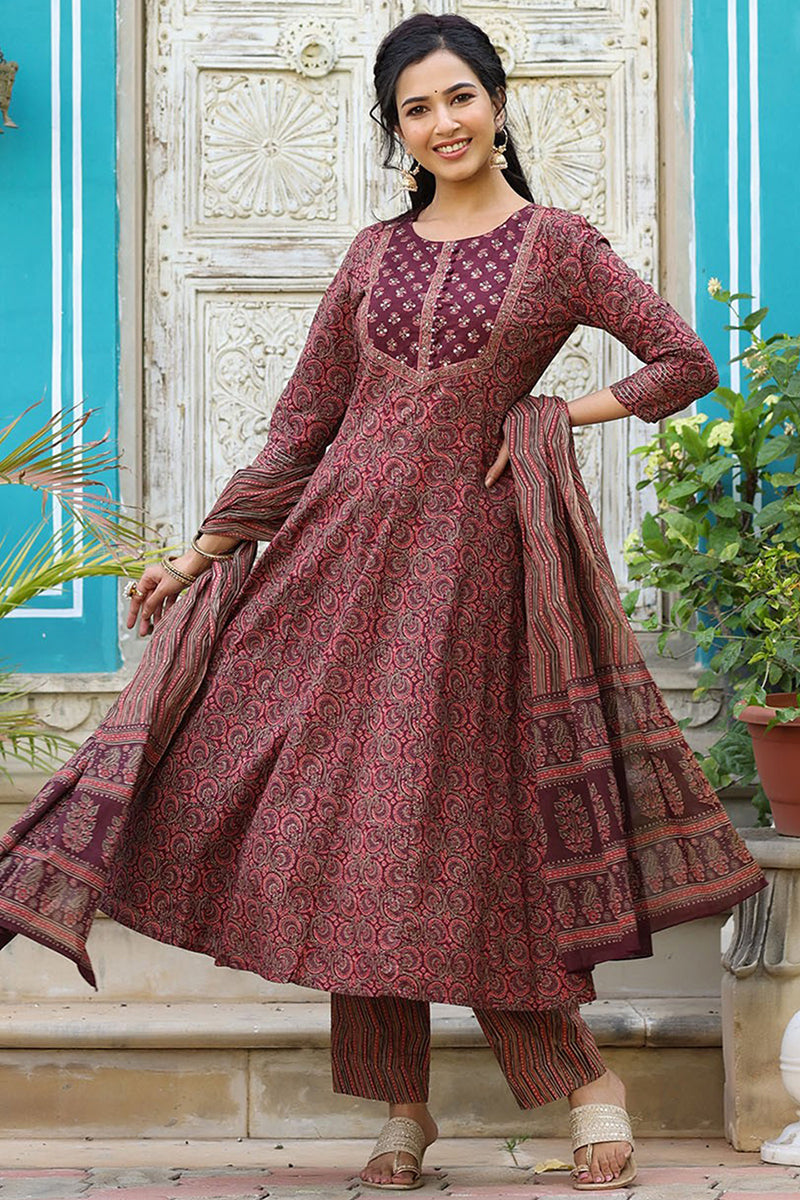 Maroon Rayon Blend Anarkali Kurta Pant With Dupatta | SHOBITAM