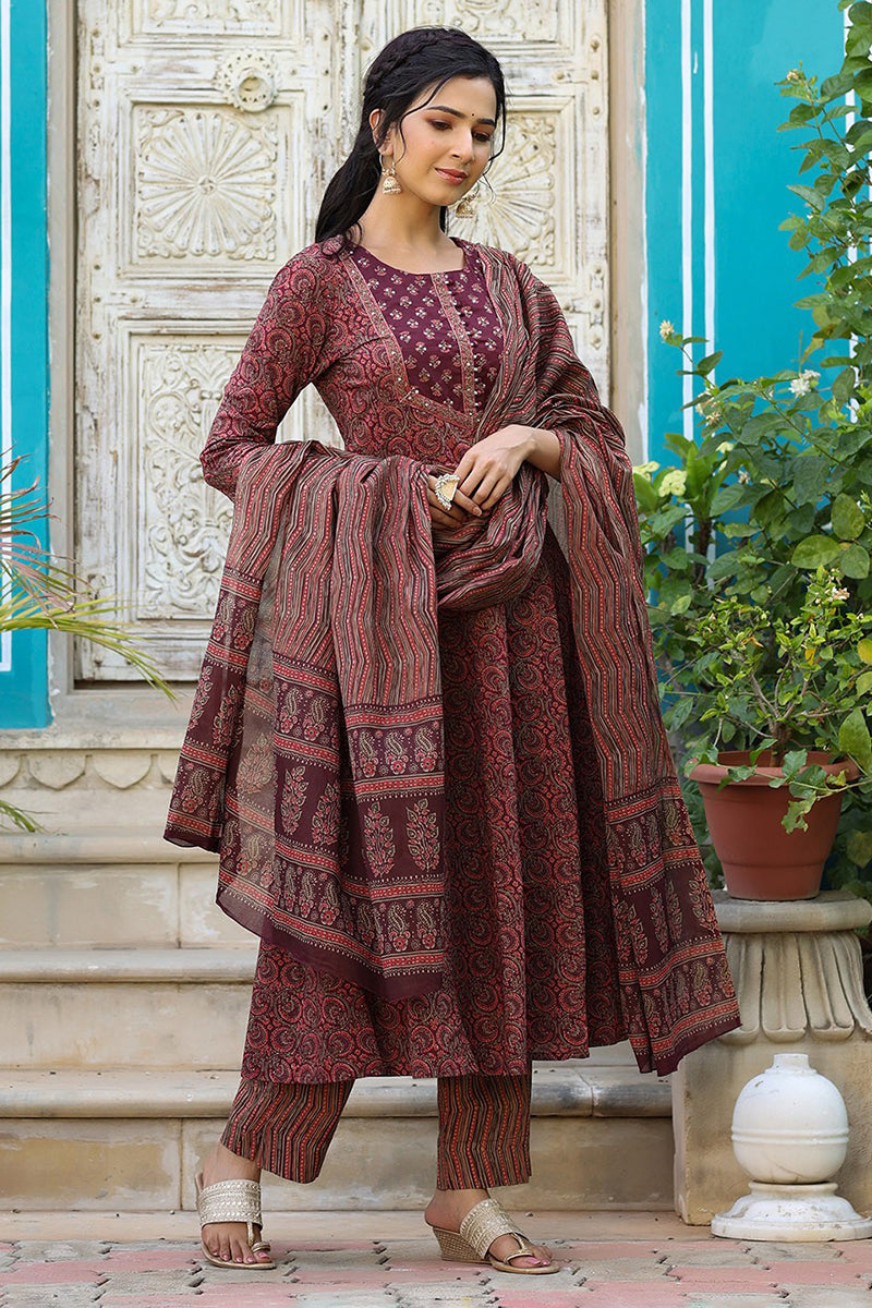 Maroon Rayon Blend Anarkali Kurta Pant With Dupatta | SHOBITAM