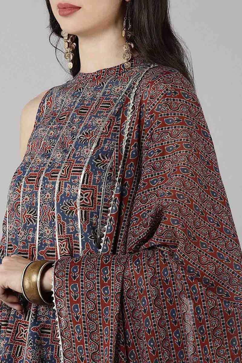 Blue Pure Cotton Flared Kurta Sharara With Dupatta | SHOBITAM