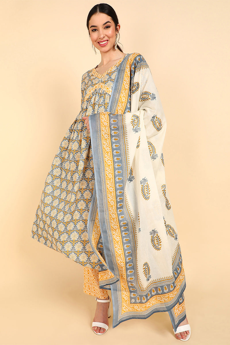 Yellow Pure Cotton Ethnic Motifs Printed Flared Style Suit Set | SHOBITAM