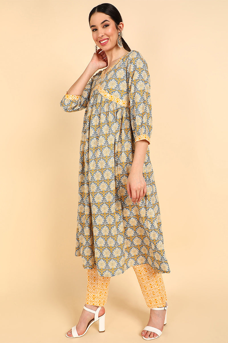 Yellow Pure Cotton Ethnic Motifs Printed Flared Style Suit Set | SHOBITAM