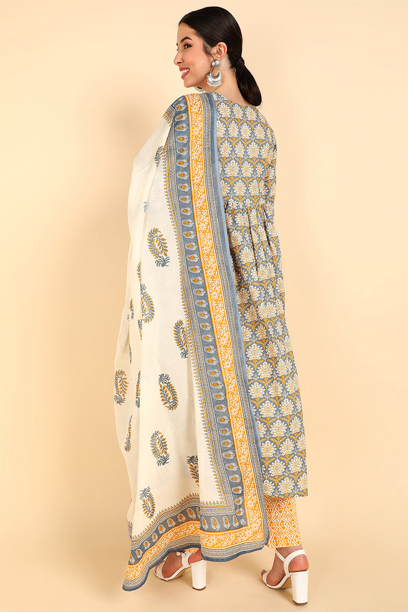 Yellow Pure Cotton Ethnic Motifs Printed Flared Style Suit Set | SHOBITAM