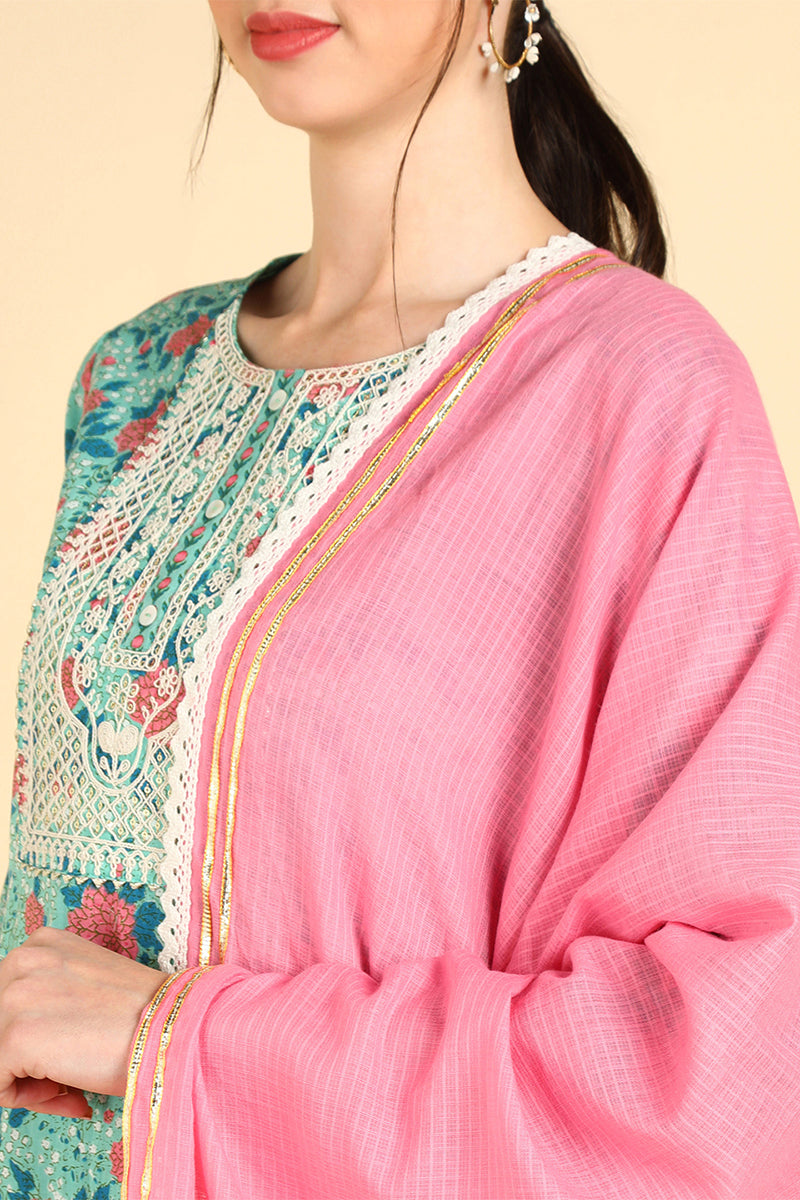 Sea Green Pure Cotton Floral Printed Straight Suit Set | SHOBITAM