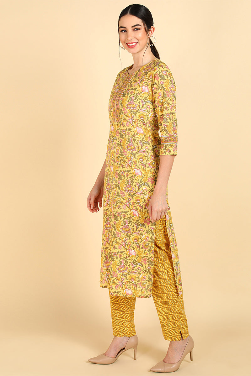 Yellow Pure Cotton Straight Kurta Pant With Dupatta Set | SHOBITAM