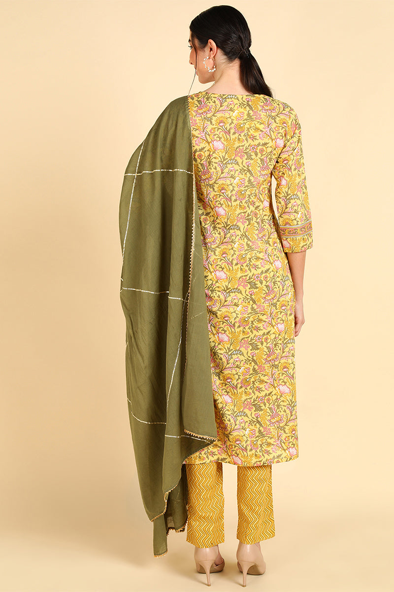 Yellow Pure Cotton Straight Kurta Pant With Dupatta Set | SHOBITAM