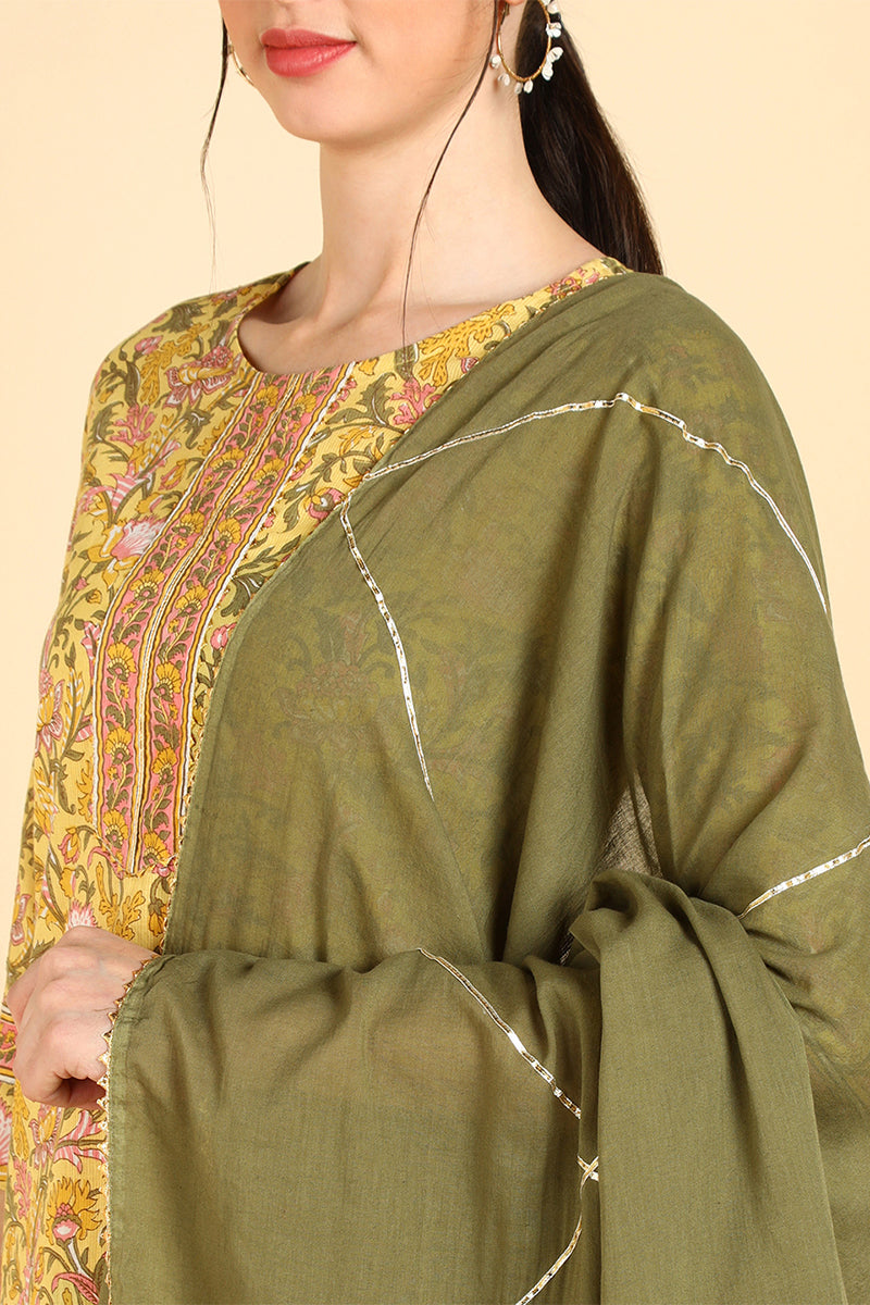 Yellow Pure Cotton Straight Kurta Pant With Dupatta Set | SHOBITAM