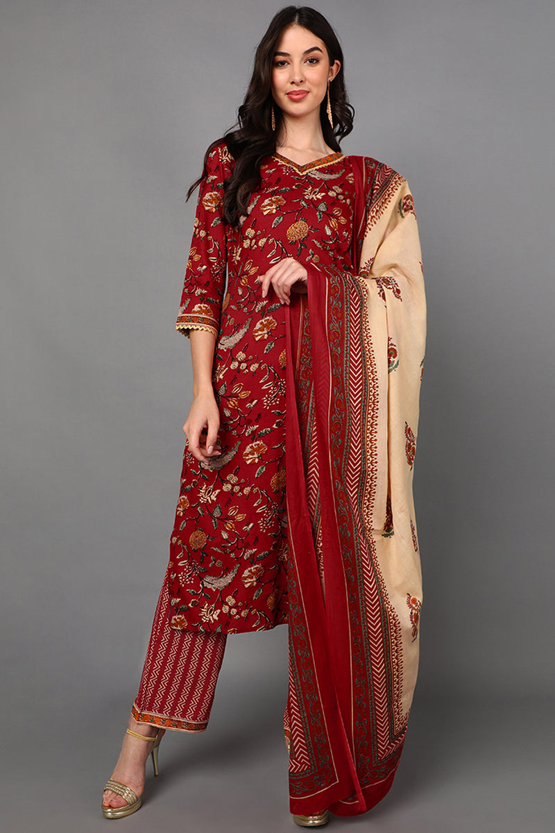Red Cotton Floral Printed Kurta Pant Dupatta Set | SHOBITAM