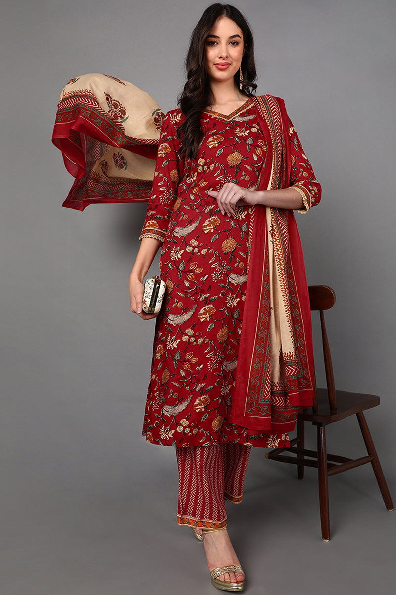 Red Cotton Floral Printed Kurta Pant Dupatta Set | SHOBITAM
