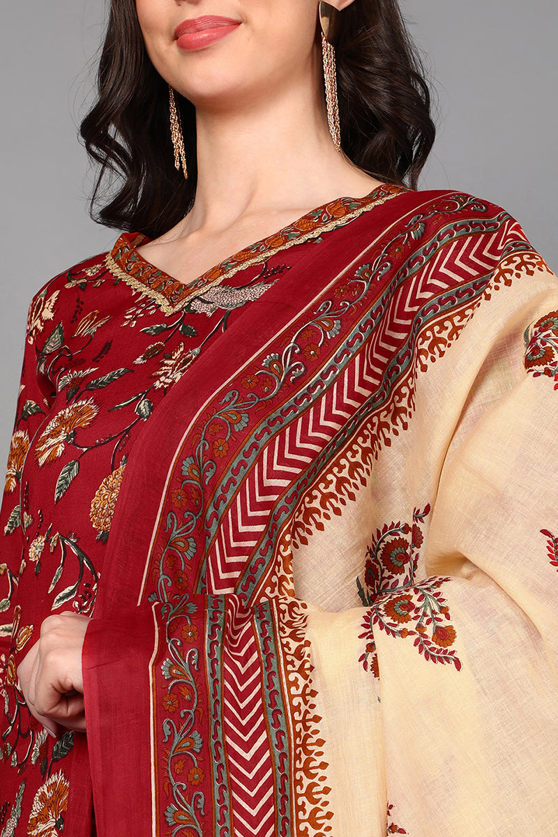 Red Cotton Floral Printed Kurta Pant Dupatta Set | SHOBITAM