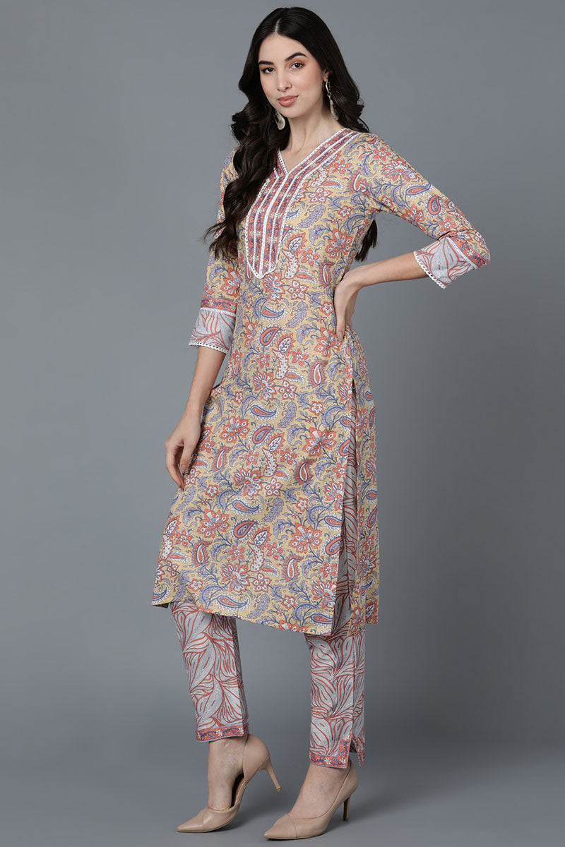 Cream Pure Cotton Floral Printed Straight Suit Set | SHOBITAM