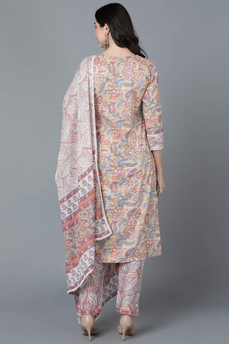 Cream Pure Cotton Floral Printed Straight Suit Set | SHOBITAM