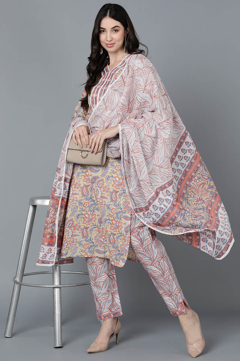 Cream Pure Cotton Floral Printed Straight Suit Set | SHOBITAM