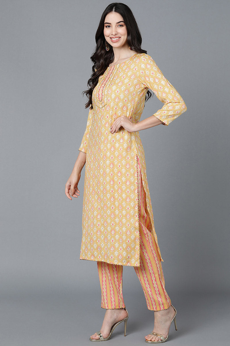 Yellow Pure Cotton Straight Suit Set | SHOBITAM